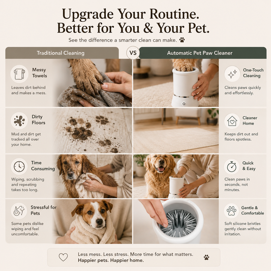 Comparison chart between traditional cleaning methods and an automatic pet paw cleaner for pets.