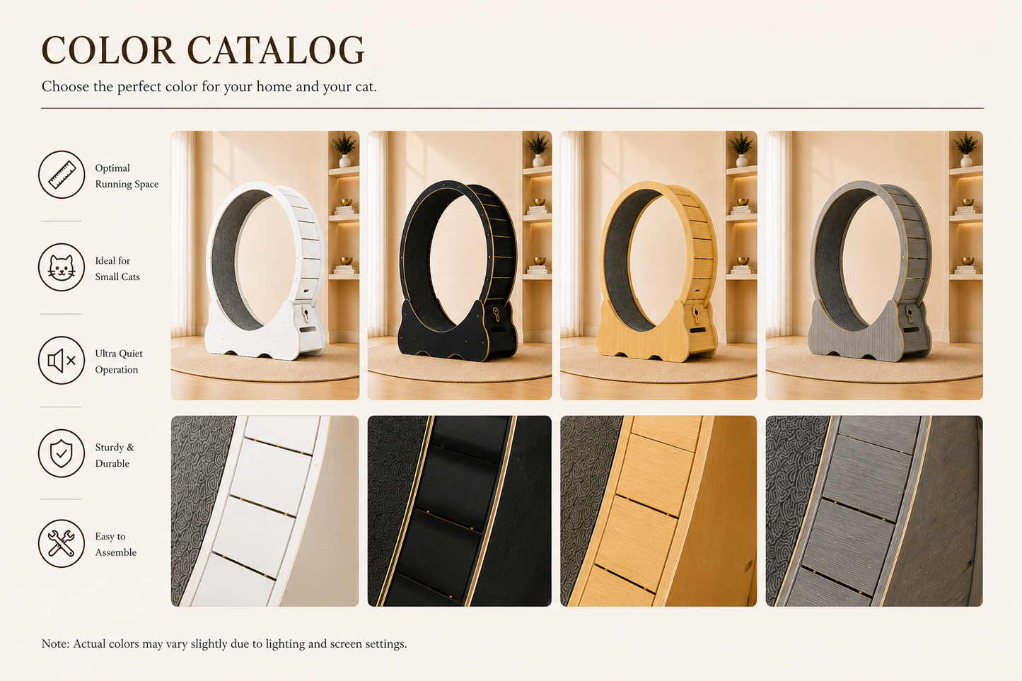 Color catalog for cat running wheels with various color options displayed.