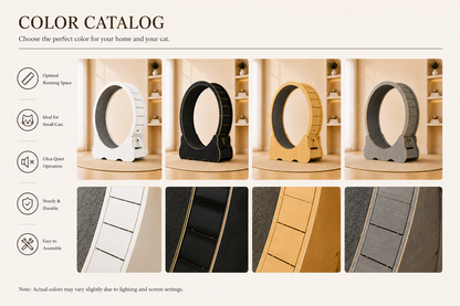 Color catalog for cat running wheels with various color options displayed.