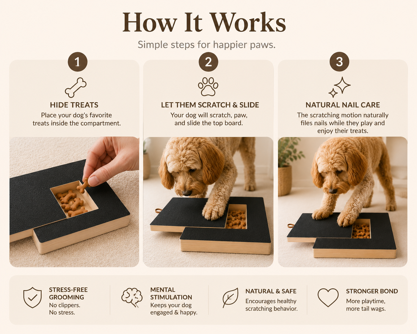 Step-by-step guide on using a pet scratcher with text describing benefits.