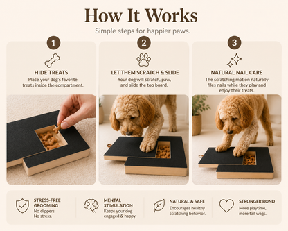 Step-by-step guide on using a pet scratcher with text describing benefits.