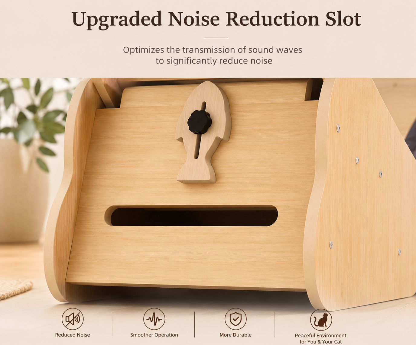 Wooden cat running wheel with an upgraded noise reduction slot