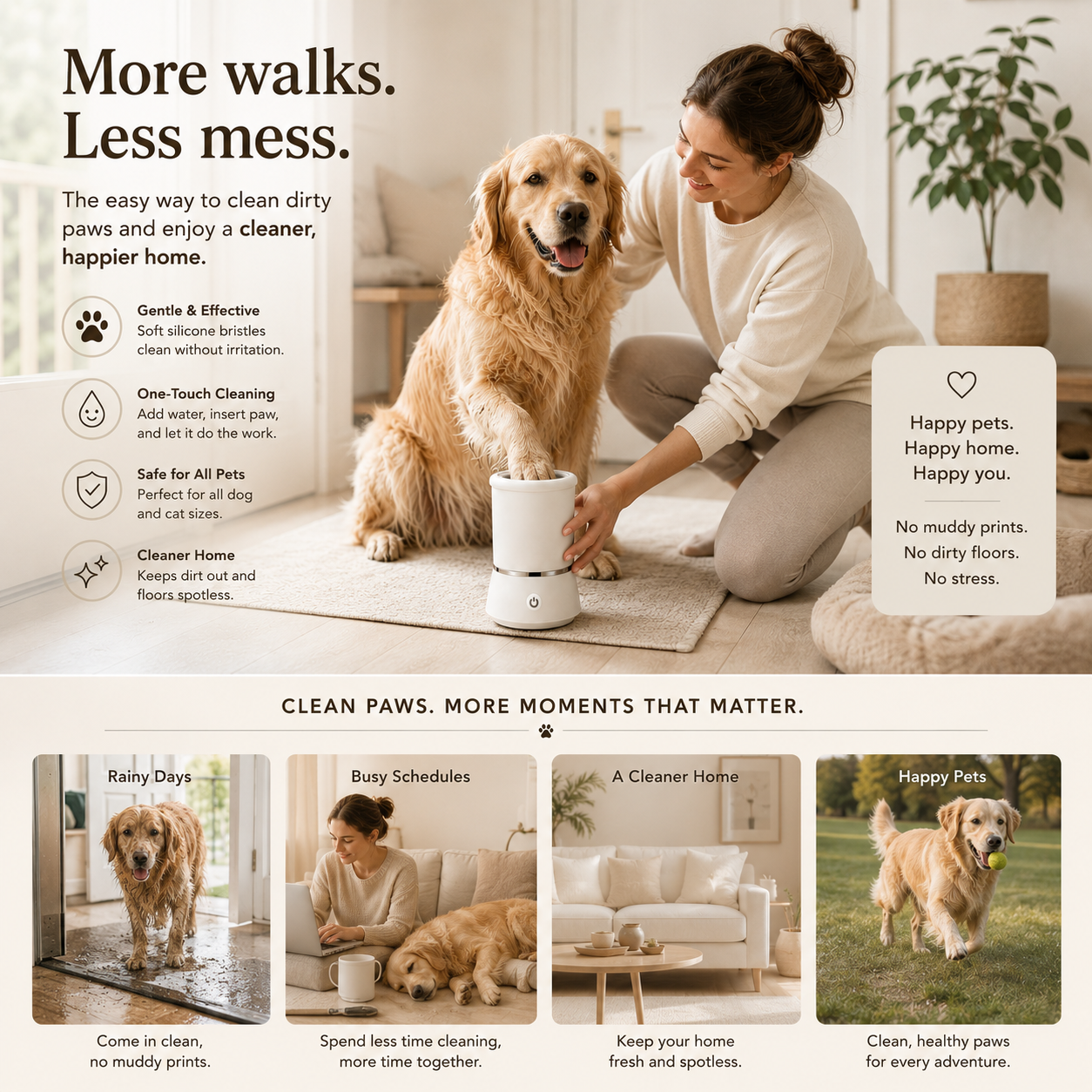 Pet owner using automatic paw cleaner