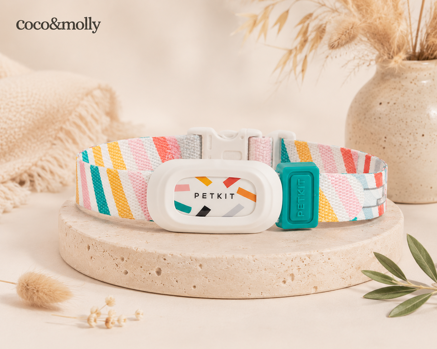 Colorful striped pet activity tracker collar with a white buckle on a beige surface, featuring the PetKit brand.
